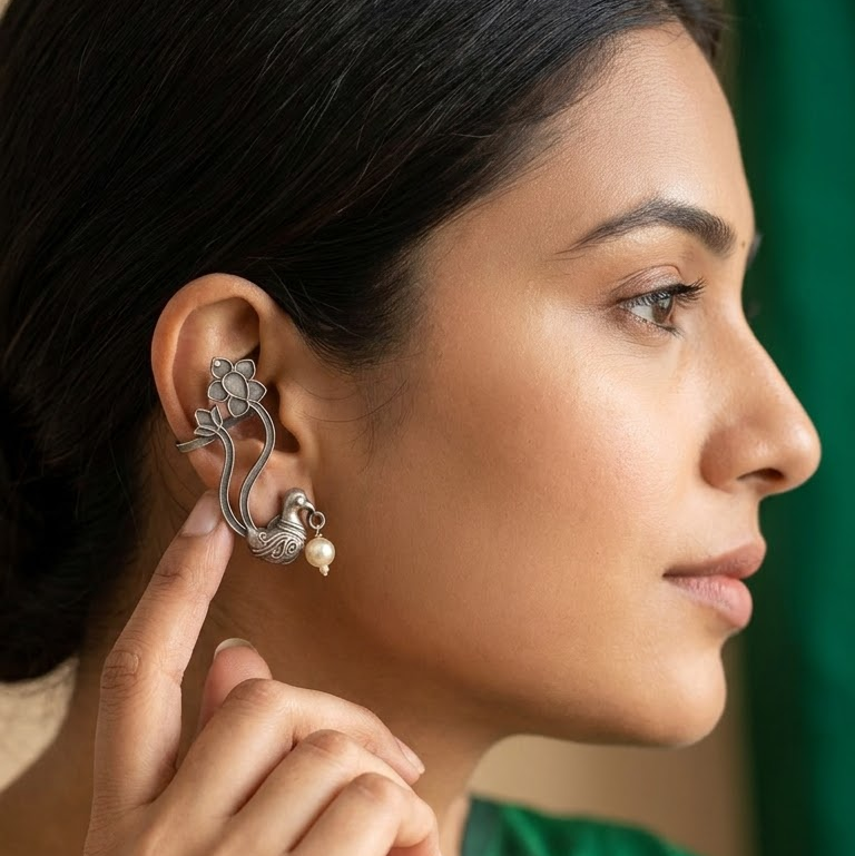 German Silver Floral Peacock & Pearl Ear Cuffs | Lady Zone