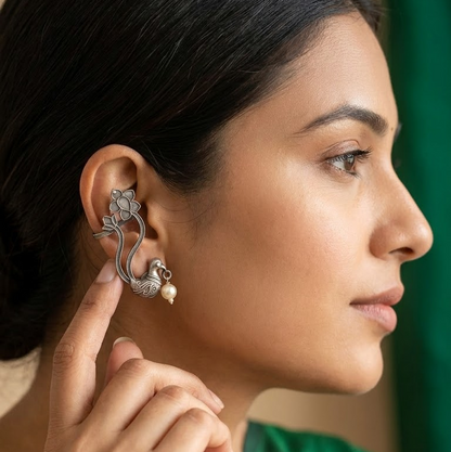 German Silver Floral Peacock & Pearl Ear Cuffs | Lady Zone