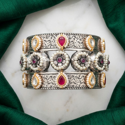 German Silver Ruby Stone & Floral Pearl Cuff Bracelet | Lady Zone