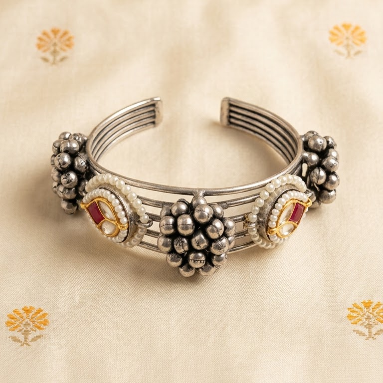 German Silver Ruby & Cluster Bead Open Cuff Bracelet | Lady Zone