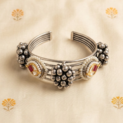 German Silver Ruby & Cluster Bead Open Cuff Bracelet | Lady Zone