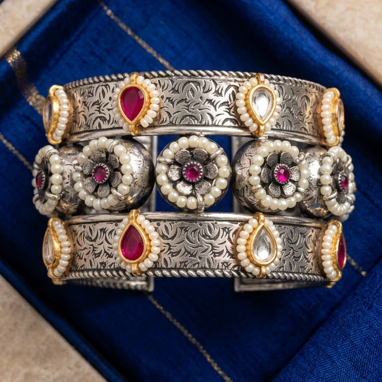 German Silver Ruby Stone & Floral Pearl Cuff Bracelet | Lady Zone