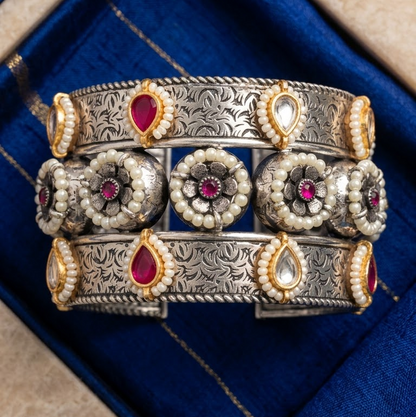 German Silver Ruby Stone & Floral Pearl Cuff Bracelet | Lady Zone