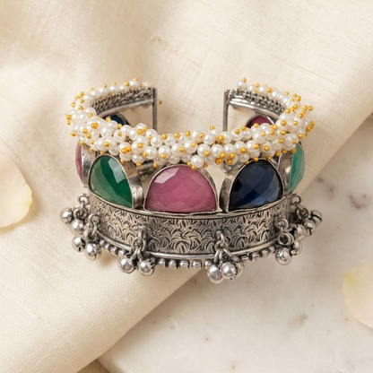 German Silver Multigemstone & Pearl Cuff Bracelet | Lady Zone