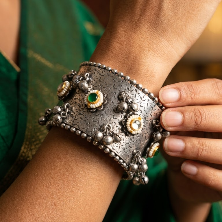 German Silver Emerald Stone & Bell Cuff Bracelet | Lady Zone