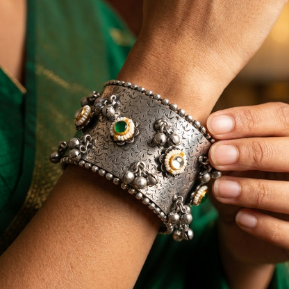 German Silver Emerald Stone & Bell Cuff Bracelet | Lady Zone