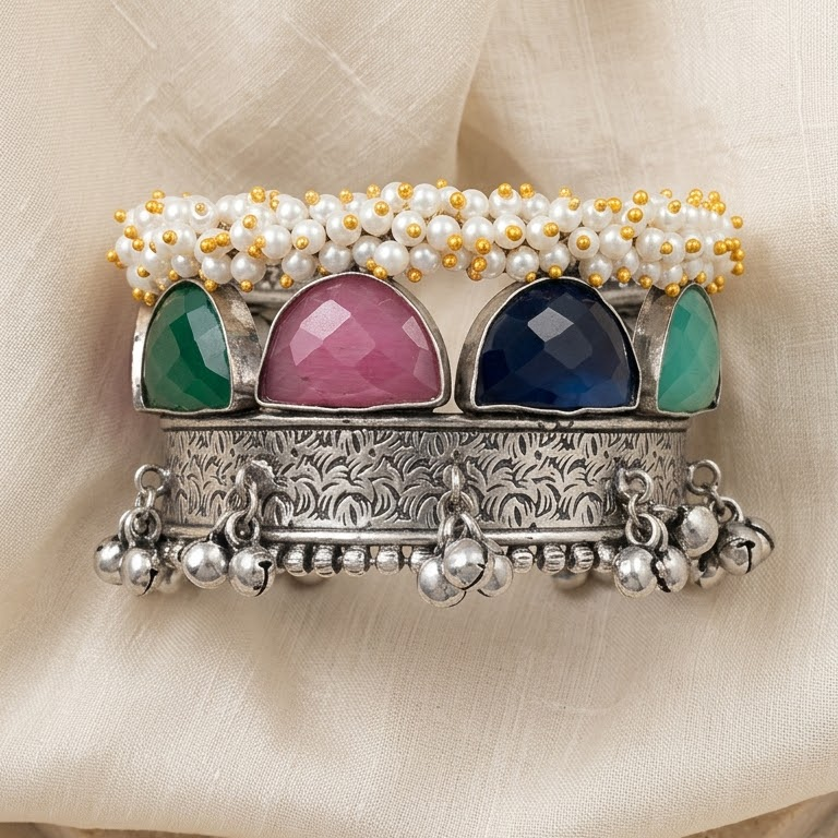 German Silver Multigemstone & Pearl Cuff Bracelet | Lady Zone