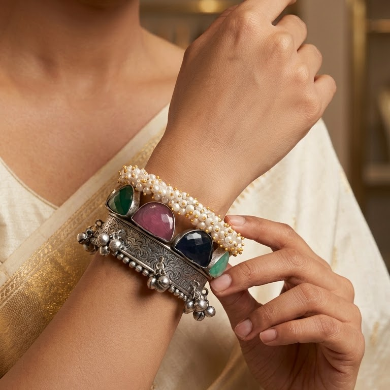 German Silver Multigemstone & Pearl Cuff Bracelet | Lady Zone