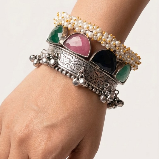 German Silver Multigemstone & Pearl Cuff Bracelet | Lady Zone