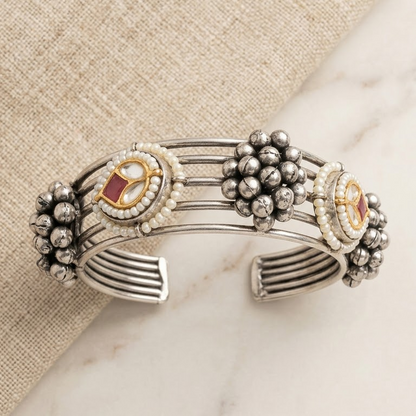 German Silver Ruby & Cluster Bead Open Cuff Bracelet | Lady Zone