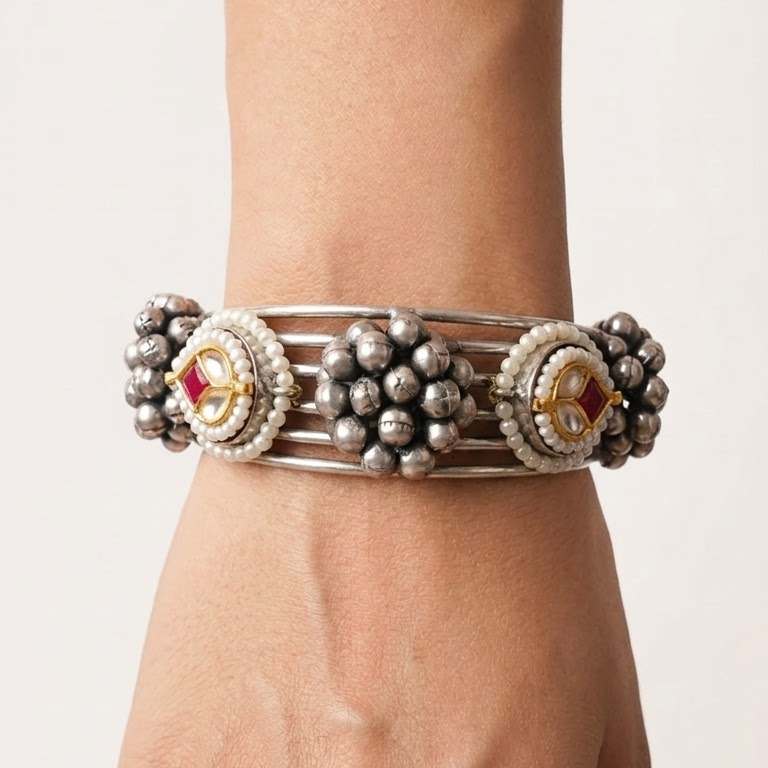 German Silver Ruby & Cluster Bead Open Cuff Bracelet | Lady Zone