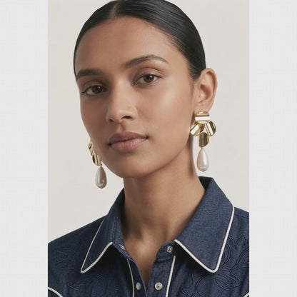 Sculptural Golden Petal & Pearl Drop Earrings | Lady Zone
