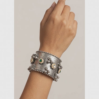 German Silver Emerald Stone & Bell Cuff Bracelet | Lady Zone