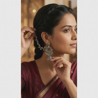 Oxidized Jhumka Earrings with Hair Chain(Kanser) | Lady Zone