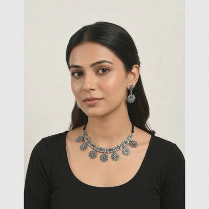 Oxidized Silver Floral Charm Choker Necklace Set | Lady Zone