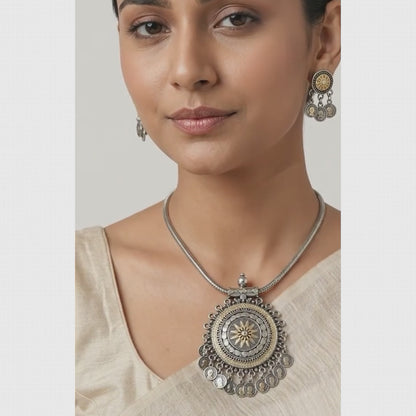 Dual-Tone Oxidized Silver Coin Necklace set | Lady Zone