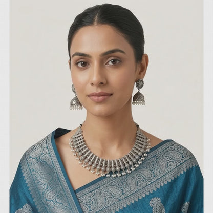 German Silver Intricate Coin & Pearl Necklace Set | Lady Zone