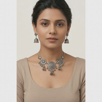 Oxidized Mandala & Jhumki Statement Necklace Set | Lady Zone