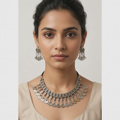 Dual-Tone Oxidized Elephant Motif Choker Set | Lady Zone