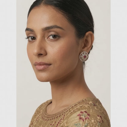 Gold-Tone Polki & Ruby Floral Stud Earrings | Lady Zone