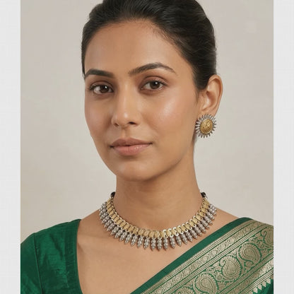 German Silver Two-Tone Sunburst Temple Necklace & Earring Set | Lady Zone
