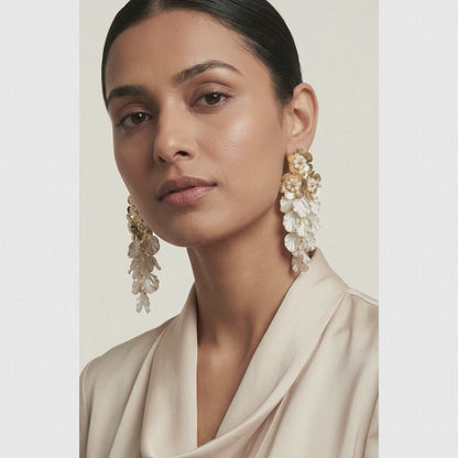 Luxurious Cascading Golden Floral & Pearl Petal Statement Earrings | Lady Zone