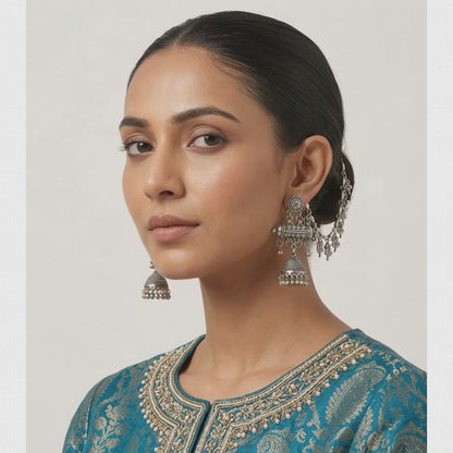 German Silver Two-Tone Jhumka Ear Chain Drop Earrings(Kanser) | Lady Zone