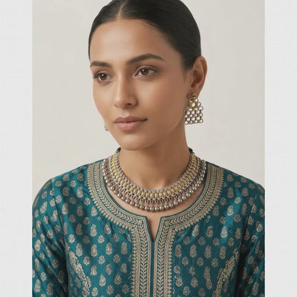 German Silver Two-Tone Bead & Mesh Statement Necklace Set | Lady Zone