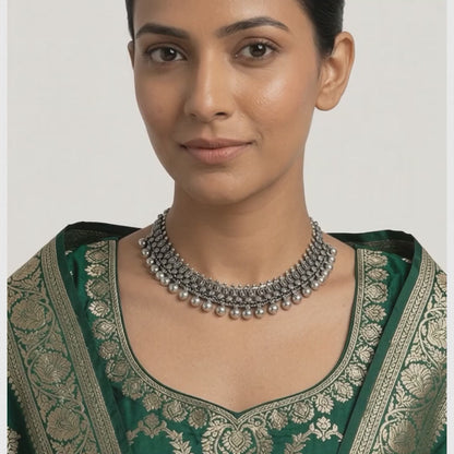 Oxidized Silver Paisley & Bead Collar Necklace | Lady Zone