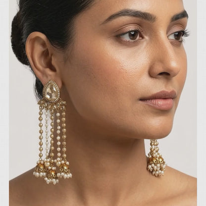Statement Teardrop Kundan & Pearl Chain Jhumkas | Lady Zone
