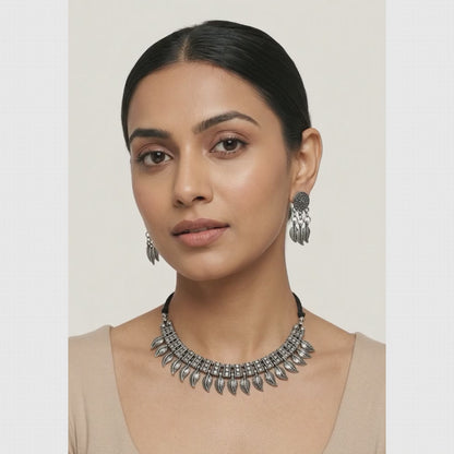Oxidized Leaf Motif Choker Necklace Set | Lady Zone