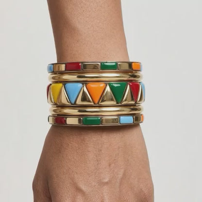 Colorful Geometric Tribal Brass Bangle Set | Lady Zone