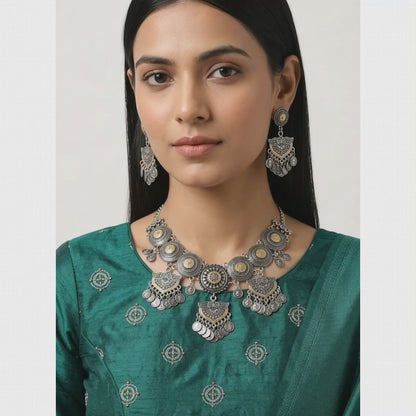 Dual-Tone Oxidized Tribal Coin Chandelier Necklace Set | Lady Zone