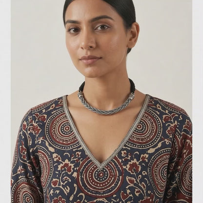 Oxidized Silver Woven Mesh Choker with Black Thread Cord | Lady Zone