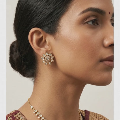 Gold-Tone Polki & Emerald Floral Cluster Stud Earrings | Lady Zone