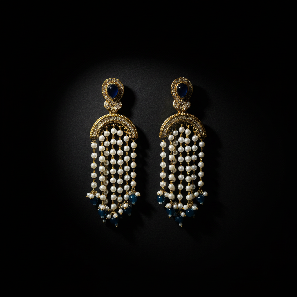 Long Drop Pearl Earrings with Stone
