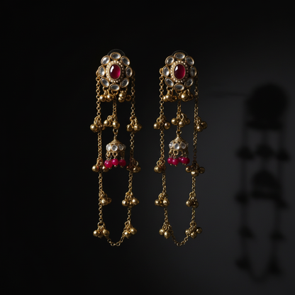 Emerald Kundan Long Jhumka Earrings with Pearl & Chain Drops