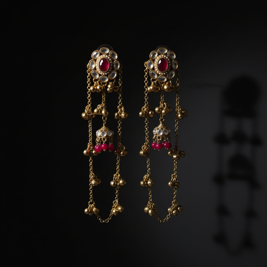 Emerald Kundan Long Jhumka Earrings with Pearl & Chain Drops