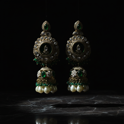 Kundan Pearl Jhumka Earrings with Antique Gold Finish