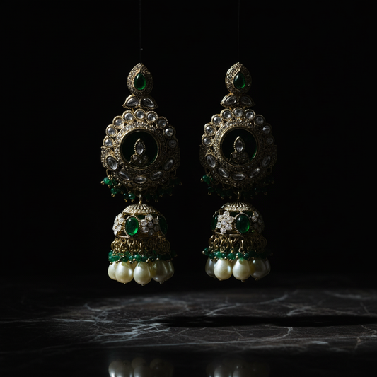 Kundan Pearl Jhumka Earrings with Antique Gold Finish