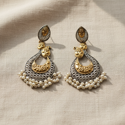 Oxidised German Silver Pearl Drop Earrings