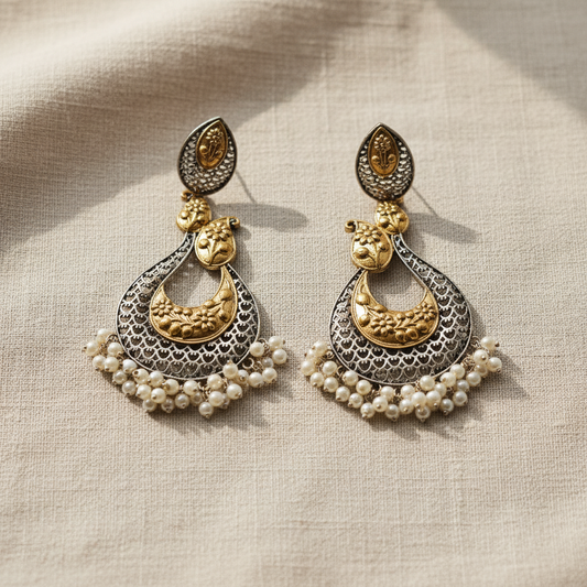 Oxidised German Silver Pearl Drop Earrings