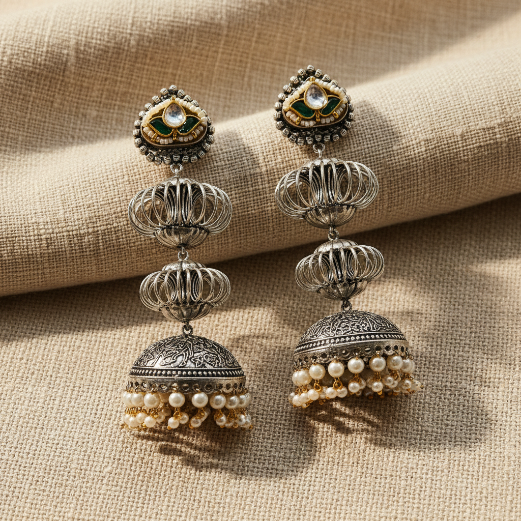 Aarohi Oxidised German Silver Long Jhumka Earrings