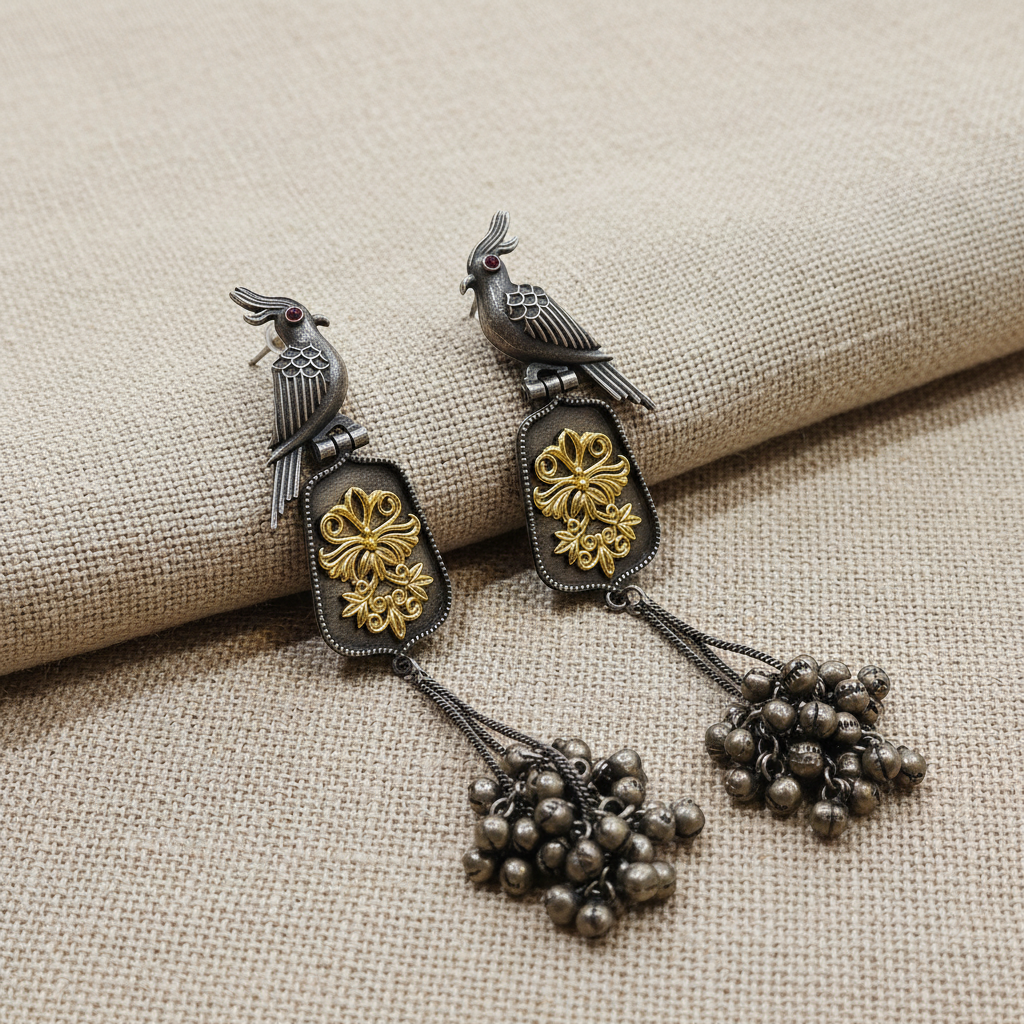 Morni Bird Motif Oxidised German Silver Long Earrings