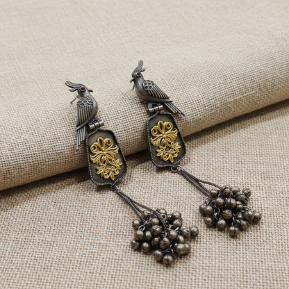 Morni Bird Motif Oxidised German Silver Long Earrings