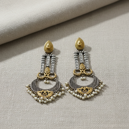 Oxidised German Silver with Chand and Pearl Drop Earrings