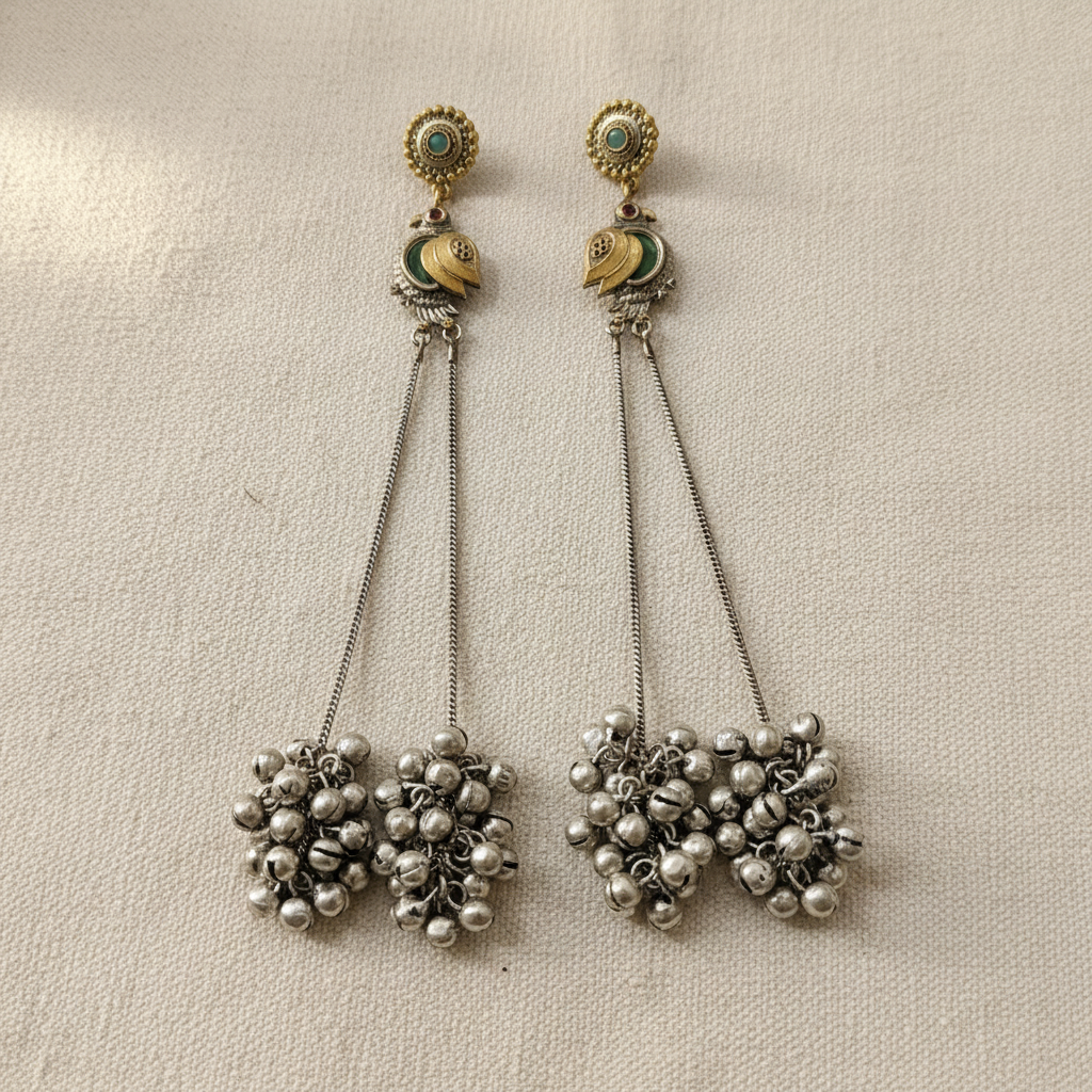 Morni Heritage Oxidised German Silver Long Tassel Earrings