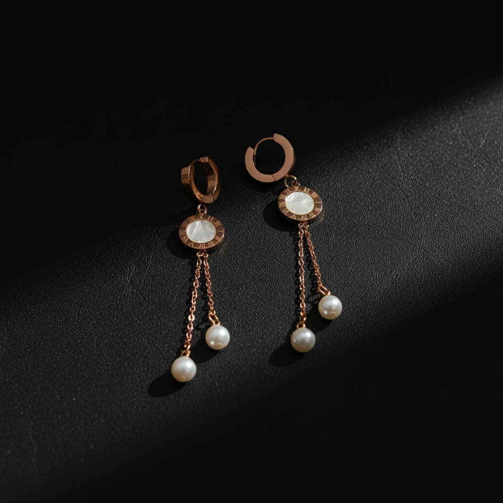 Rose Gold Plating Pearl Tassel Western Hoop S.S Earrings