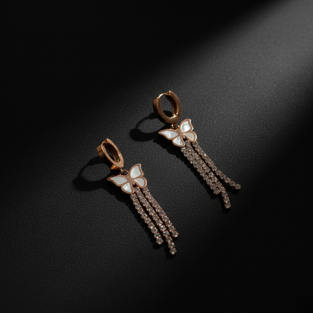 Golden Butterfly Crystal Tassel Western S.S Earrings