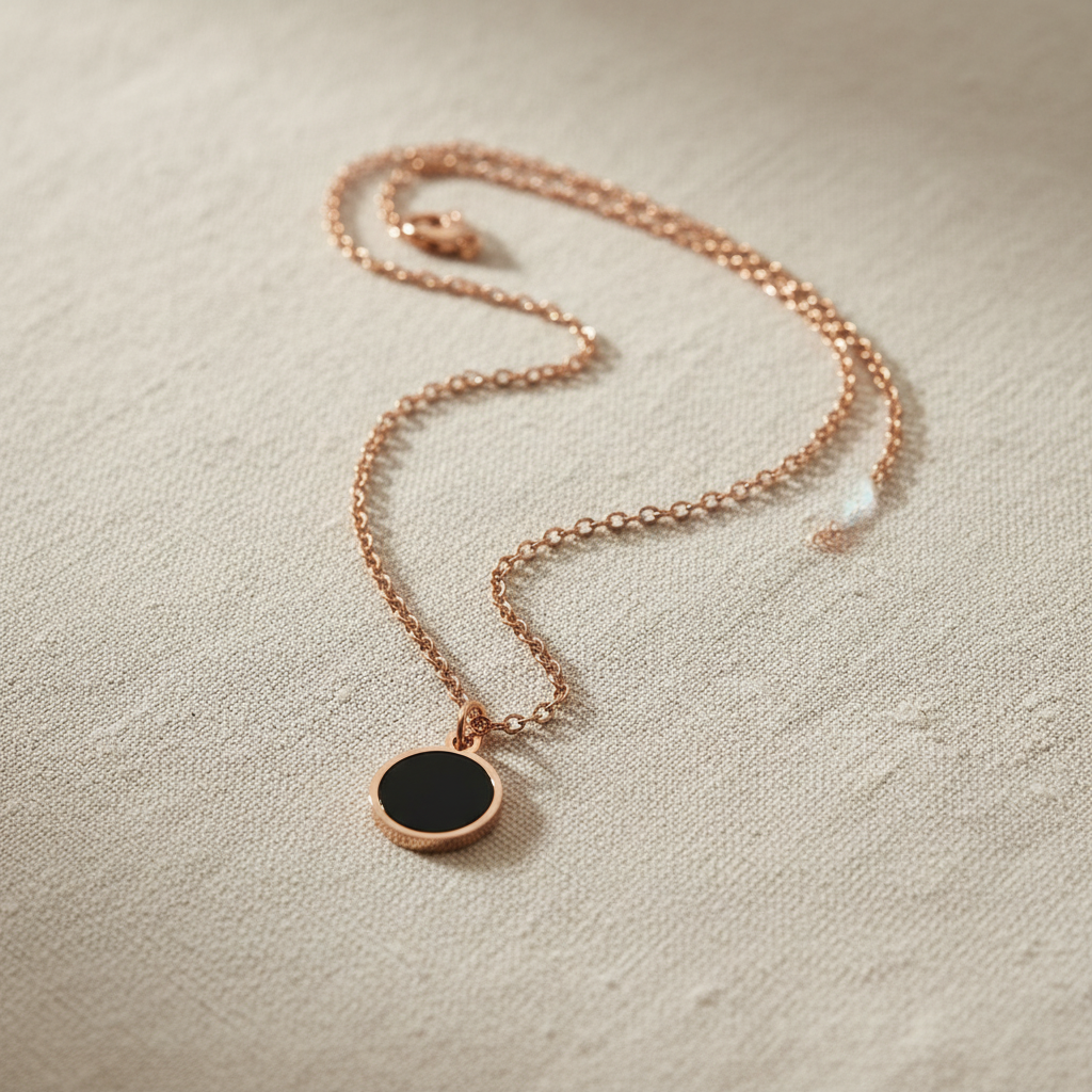 Rose Gold Oval Black Stone Chain Pendant Necklace for Women